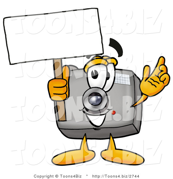 Illustration of a Cartoon Camera Mascot Holding a Blank Sign