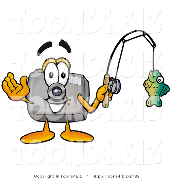 Illustration of a Cartoon Camera Mascot Holding a Fish on a Fishing Pole