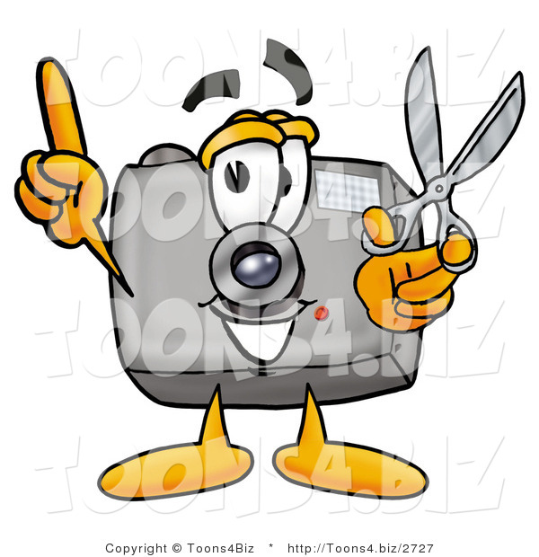 Illustration of a Cartoon Camera Mascot Holding a Pair of Scissors