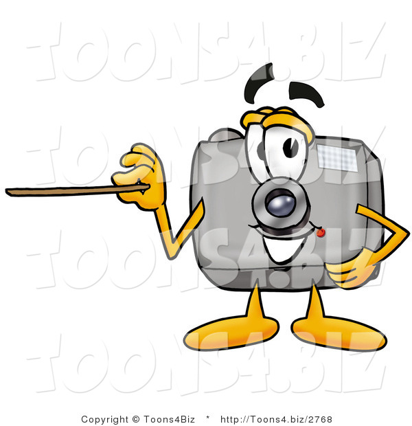 Illustration of a Cartoon Camera Mascot Holding a Pointer Stick