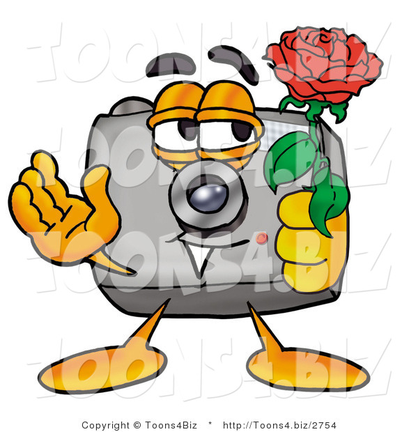 Illustration of a Cartoon Camera Mascot Holding a Red Rose on Valentines Day