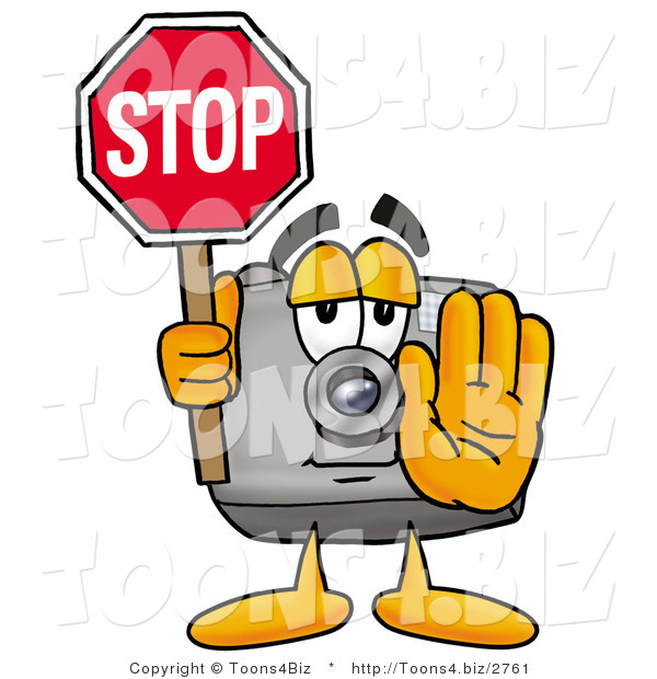 Illustration of a Cartoon Camera Mascot Holding a Stop Sign