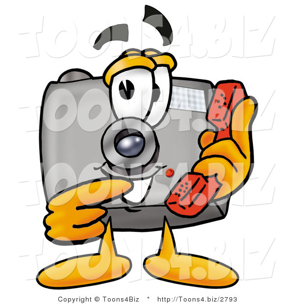 Illustration of a Cartoon Camera Mascot Holding a Telephone