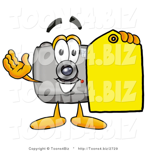 Illustration of a Cartoon Camera Mascot Holding a Yellow Sales Price Tag