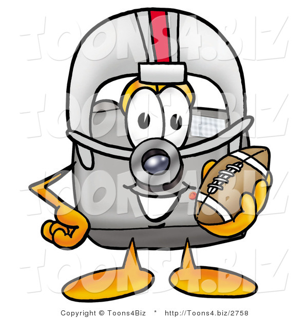 Illustration of a Cartoon Camera Mascot in a Helmet, Holding a Football