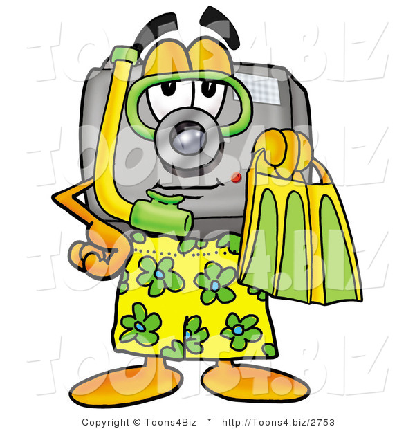 Illustration of a Cartoon Camera Mascot in Green and Yellow Snorkel Gear