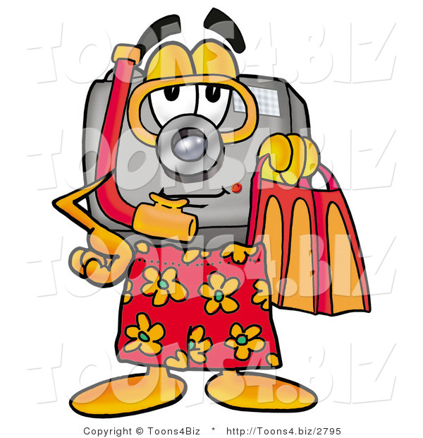 Illustration of a Cartoon Camera Mascot in Orange and Red Snorkel Gear