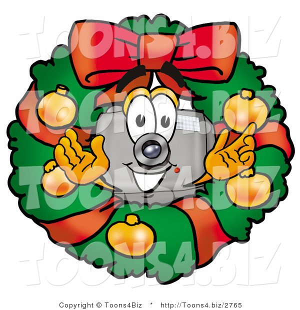 Illustration of a Cartoon Camera Mascot in the Center of a Christmas Wreath