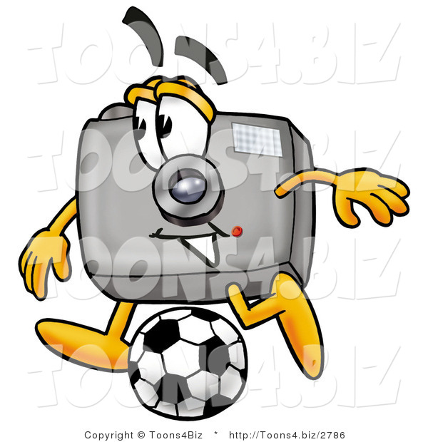Illustration of a Cartoon Camera Mascot Kicking a Soccer Ball