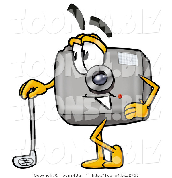 Illustration of a Cartoon Camera Mascot Leaning on a Golf Club While Golfing