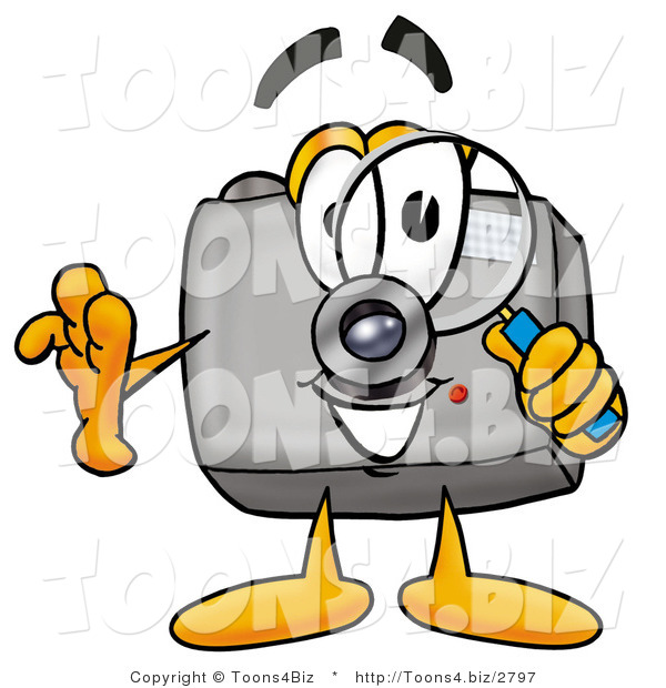 Illustration of a Cartoon Camera Mascot Looking Through a Magnifying Glass