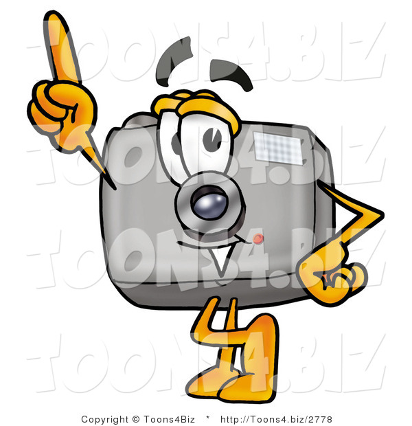 Illustration of a Cartoon Camera Mascot Pointing Upwards