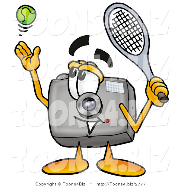 Illustration of a Cartoon Camera Mascot Preparing to Hit a Tennis Ball