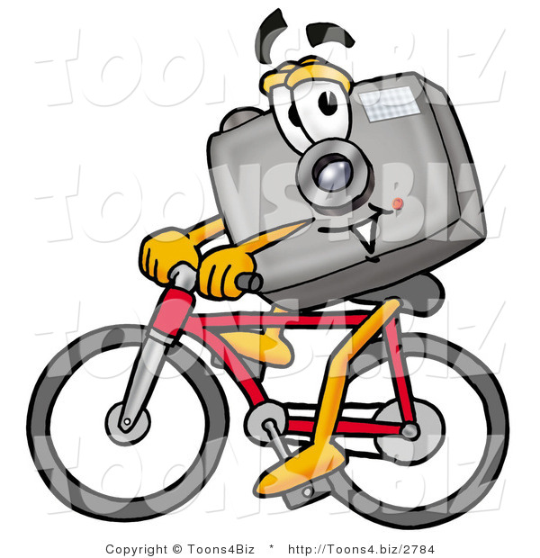 Illustration of a Cartoon Camera Mascot Riding a Bicycle