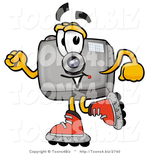 Illustration of a Cartoon Camera Mascot Roller Blading on Inline Skates