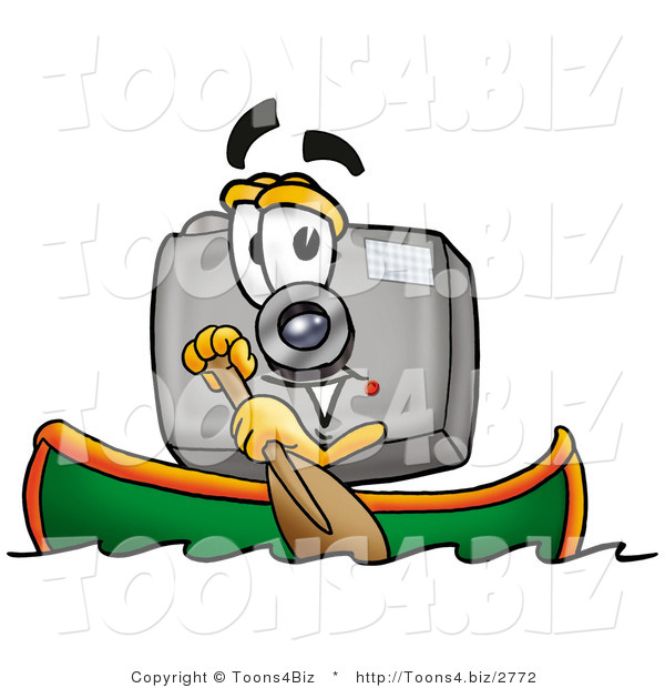 Illustration of a Cartoon Camera Mascot Rowing a Boat