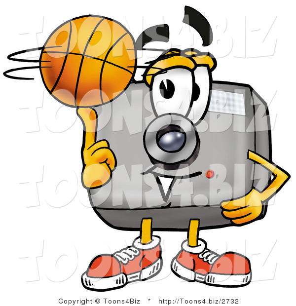 Illustration of a Cartoon Camera Mascot Spinning a Basketball on His Finger