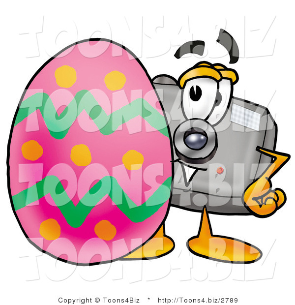 Illustration of a Cartoon Camera Mascot Standing Beside an Easter Egg