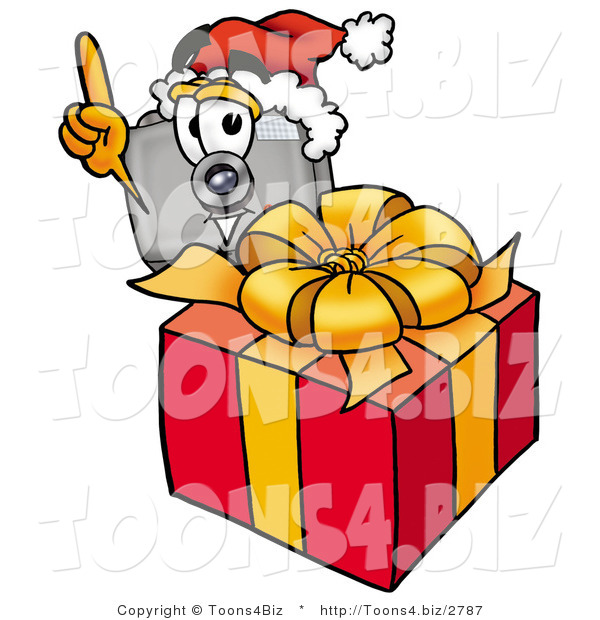 Illustration of a Cartoon Camera Mascot Standing by a Christmas Present