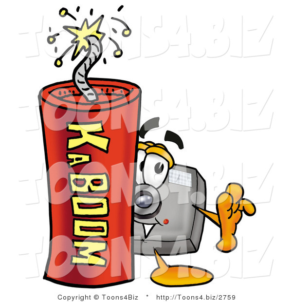 Illustration of a Cartoon Camera Mascot Standing with a Lit Stick of Dynamite