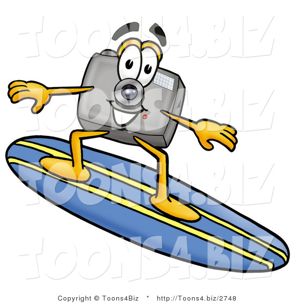 Illustration of a Cartoon Camera Mascot Surfing on a Blue and Yellow Surfboard