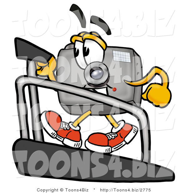 Illustration of a Cartoon Camera Mascot Walking on a Treadmill in a Fitness Gym