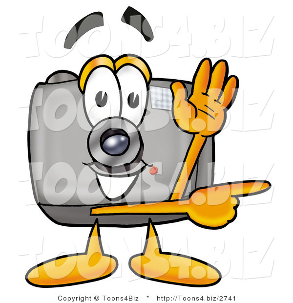 Illustration of a Cartoon Camera Mascot Waving and Pointing