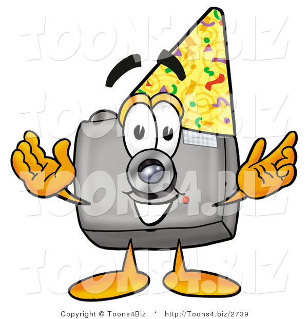 Illustration of a Cartoon Camera Mascot Wearing a Birthday Party Hat