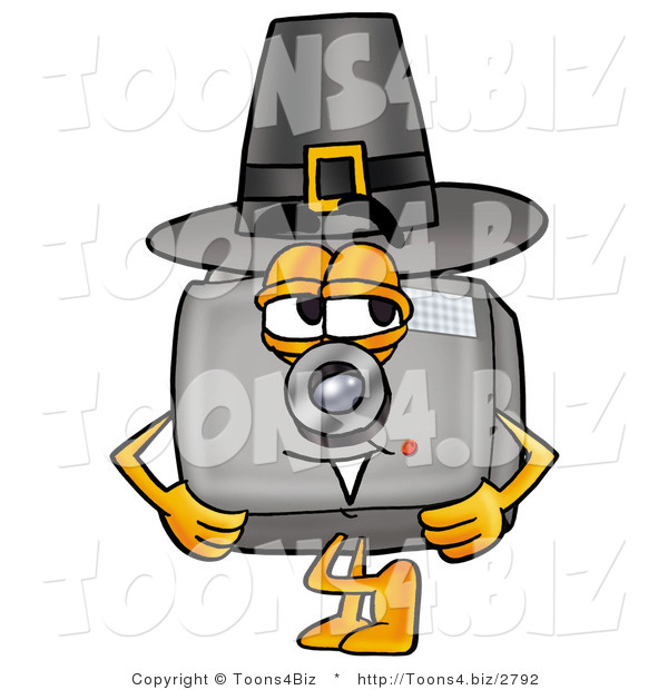 Illustration of a Cartoon Camera Mascot Wearing a Pilgrim Hat on Thanksgiving