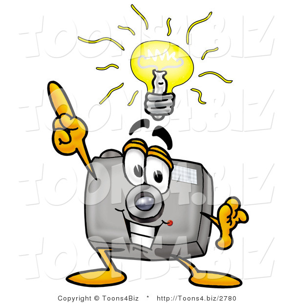 Illustration of a Cartoon Camera Mascot with a Bright Idea