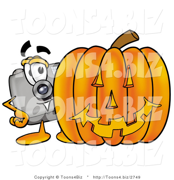 Illustration of a Cartoon Camera Mascot with a Carved Halloween Pumpkin