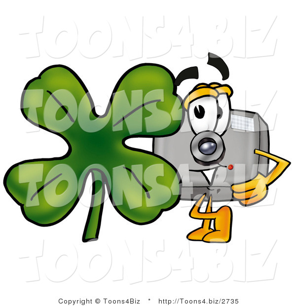 Illustration of a Cartoon Camera Mascot with a Green Four Leaf Clover on St Paddy's or St Patricks Day