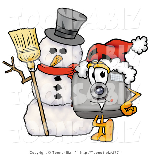 Illustration of a Cartoon Camera Mascot with a Snowman on Christmas