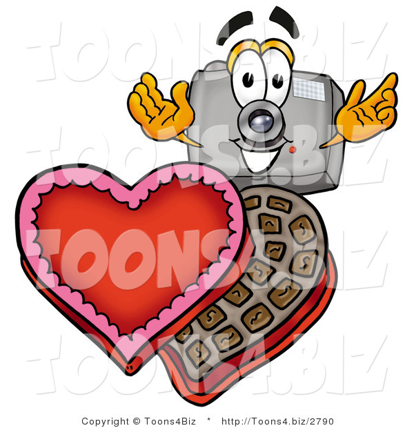 Illustration of a Cartoon Camera Mascot with an Open Box of Valentines Day Chocolate Candies