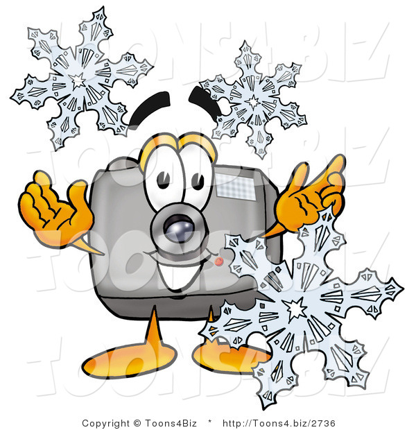 Illustration of a Cartoon Camera Mascot with Three Snowflakes in Winter