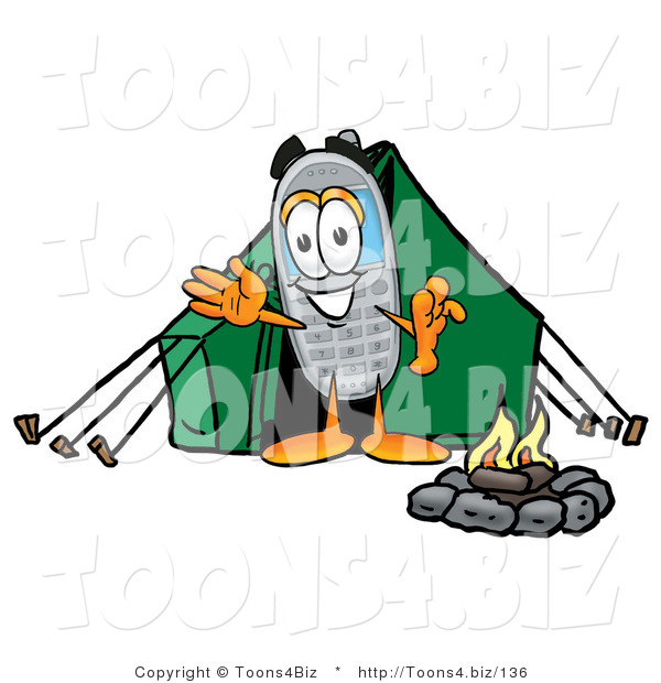 Illustration of a Cartoon Cellphone Mascot Camping with a Tent and Fire