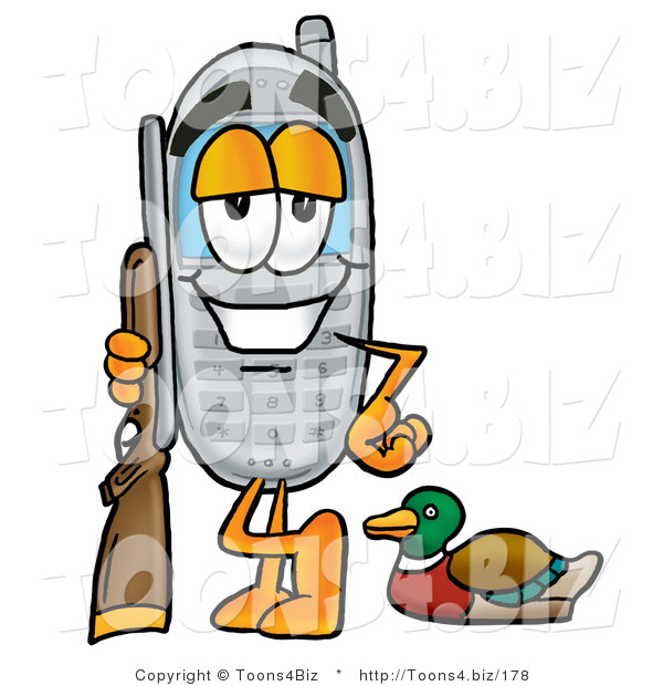 Illustration of a Cartoon Cellphone Mascot Duck Hunting, Standing with a Rifle and Duck