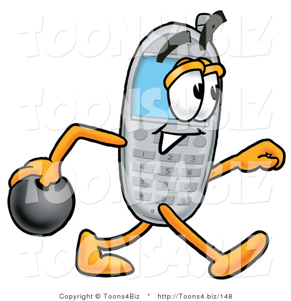 Illustration of a Cartoon Cellphone Mascot Holding a Bowling Ball