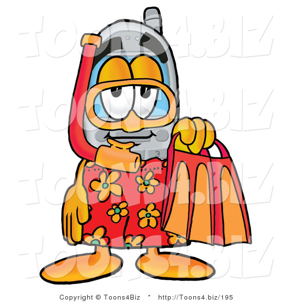 Illustration of a Cartoon Cellphone Mascot in Orange and Red Snorkel Gear
