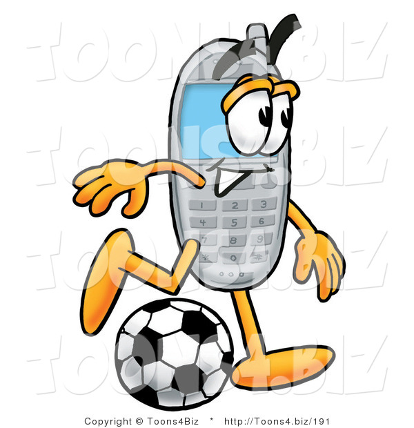 Illustration of a Cartoon Cellphone Mascot Kicking a Soccer Ball