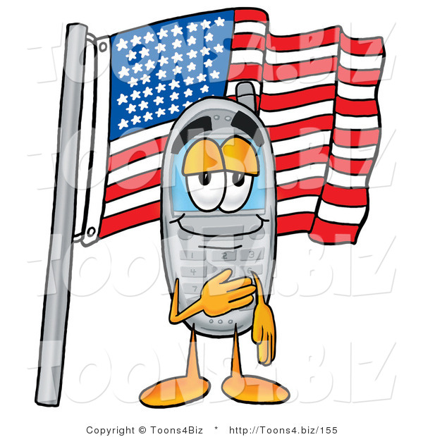 Illustration of a Cartoon Cellphone Mascot Pledging Allegiance to an American Flag