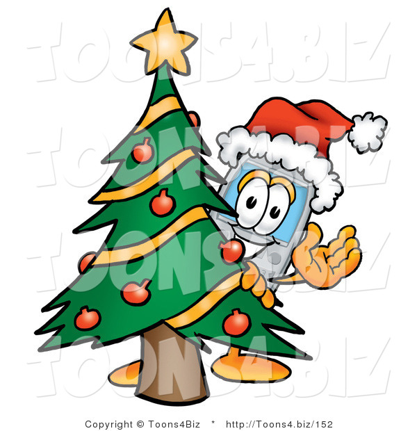 Illustration of a Cartoon Cellphone Mascot Waving and Standing by a Decorated Christmas Tree