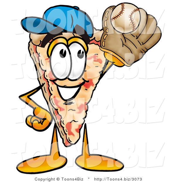 Illustration of a Cartoon Cheese Pizza Mascot Catching a Baseball with a Glove