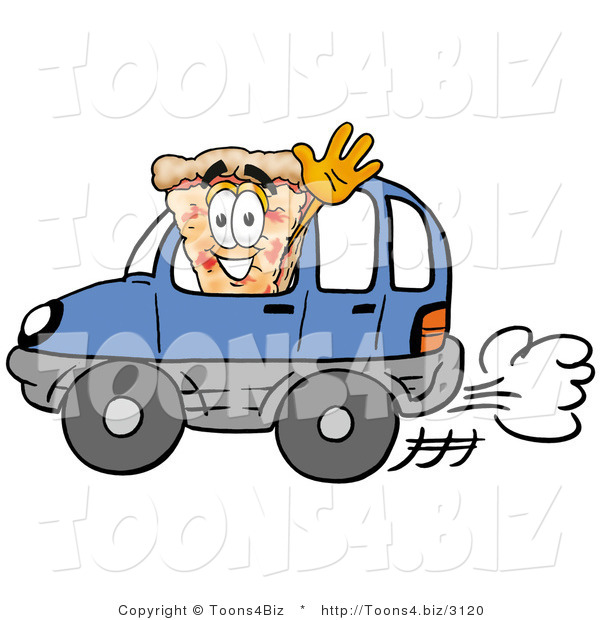 Illustration of a Cartoon Cheese Pizza Mascot Driving a Blue Car and Waving