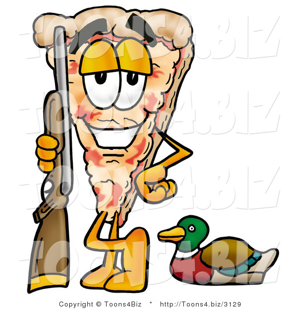 Illustration of a Cartoon Cheese Pizza Mascot Duck Hunting, Standing with a Rifle and Duck