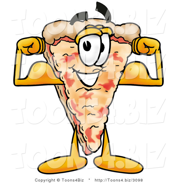 Illustration of a Cartoon Cheese Pizza Mascot Flexing His Arm Muscles