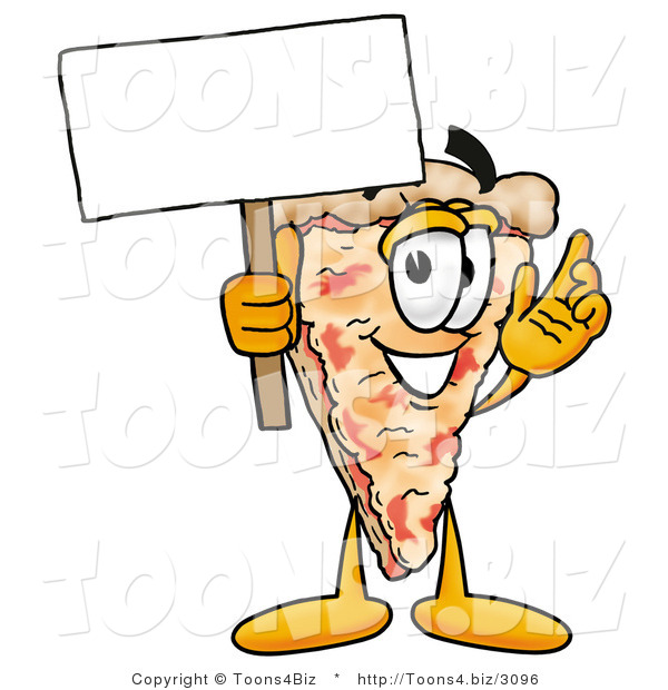 Illustration of a Cartoon Cheese Pizza Mascot Holding a Blank Sign