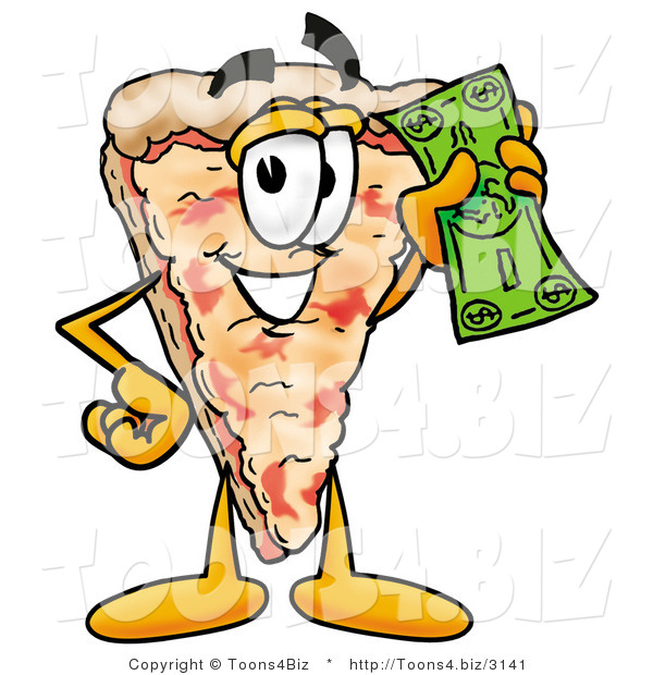 Illustration of a Cartoon Cheese Pizza Mascot Holding a Dollar Bill