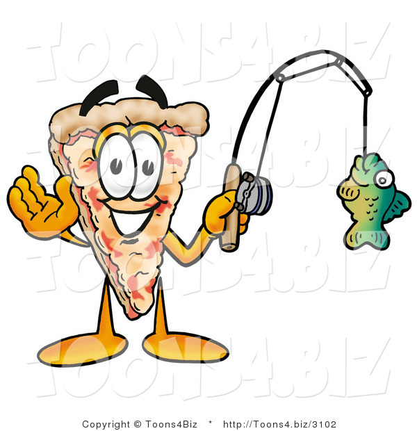 Illustration of a Cartoon Cheese Pizza Mascot Holding a Fish on a Fishing Pole
