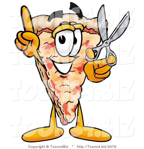 Illustration of a Cartoon Cheese Pizza Mascot Holding a Pair of Scissors